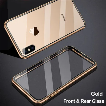 Полный корпус чехол для iPhone X Xs максимальный чехол Магнитный чехол для iPhone X R 6 6s 7 8 Plus двусторонний 9H закаленное стекло чехол - Цвет: Gold