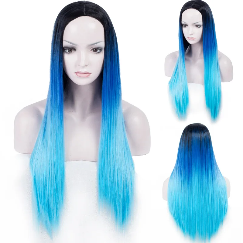 

Synthetic Blue Wig for women -straight Right Side Parting NONE Lace Heat Resistant Replacement Wig Full Machine Made 24 inch