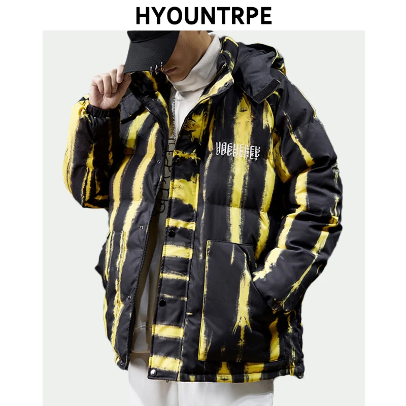 Design Warm Winter Jackets and Coat Men's Full Zipper Striped Printed Bomber Coats High Street Loose Hip Hop Outerwear | Мужская