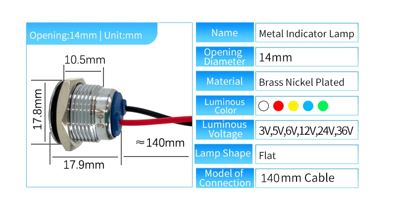 Description Picture 6 of item6mm 8mm 10mm 12mm 16mm Metal LED Warning indicator light Waterproof IP67 Signal Lamp Pilot Wires switch 3V 5V 12V 220V Red Blue