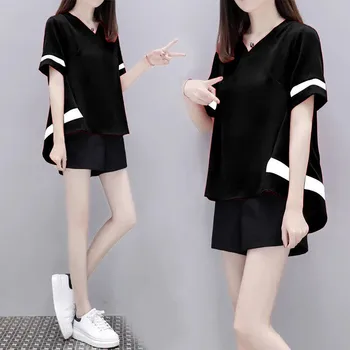 

Summer New Fashion Plus Size Women Shorts Short-sleeved T-shirt Two Piece Set Korean Loose Casual Sports Suit Women's Tracksuit
