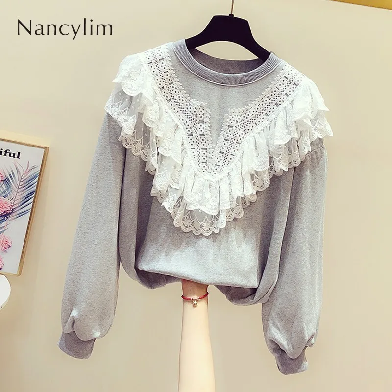

New Korean Lace Stitching Crew Neck Long Sleeve Turtleneck Hoodie Women's Casual Pull Jacket Student Streetwear Coat Autumn