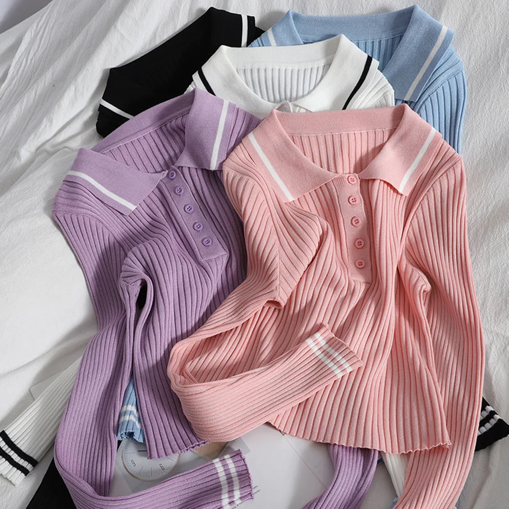 

Женский ТРИКОТАЖНЫЙ УКОРОЧЕННЫЙ ТОП, приталенная милая блузка с длинным рукавом, вязаный пуловер в Корейском стиле, весна 2022