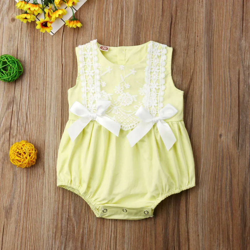 Toddler Infant Baby Girl Bodysuit Summer Lace Sleeveless Round Neck Bow Jumpsuit Solid Sunsuit Clothes Cute Clothing