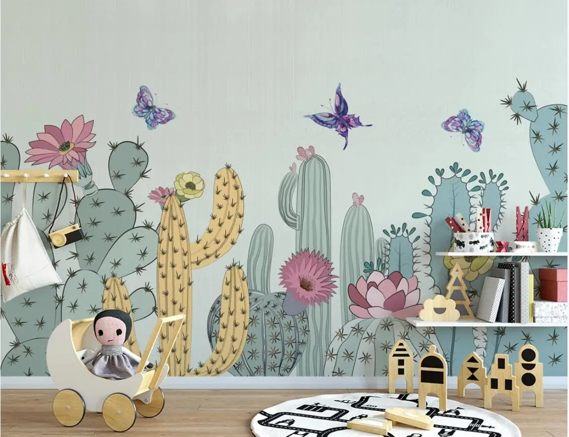 Flower Wallpaper Wall Mural HD Nordic Minimalist Cactus Butterfly Canvas Prints for Children's Kids Room Background 3d Wallpaper