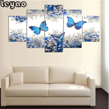 

diamond Painting cross stitch Picture For Living Room Wall Art 5 Panel Blue Butterfly Home Decor square round diamond embroidery