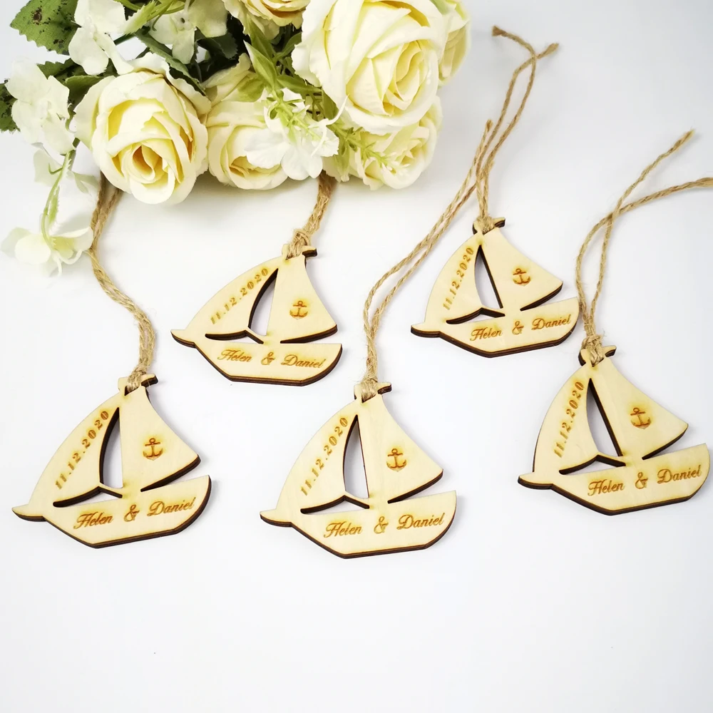 Personalized Engraved Wood Hanger Sailboat Wedding Centerpieces Table Decoration Favors Customized Candy Tags Name Date (4)