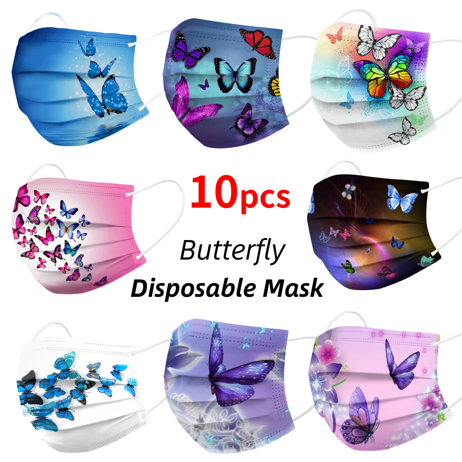 

10PCS Adult Disposable Mask Colorful Butterfly Print Disposable Face Mask Women Breathable Facemask Industrial 3Ply Ear Loop