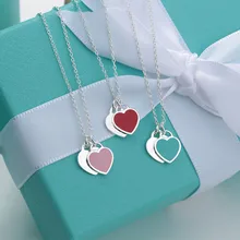 Collier en argent sterling 925 en forme de cœur pour femmes, pendentif double cœur en émail, chaîne à clavicule, marque de mode, bijoux de luxe