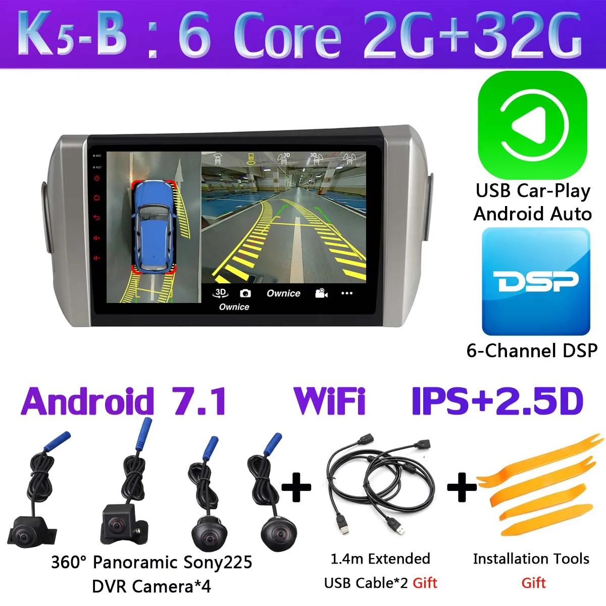 360 ° панорамный 4G WiFi Android 9,0 8Core 4G+ 64G Автомобильный мультимедийный плеер gps компактное минирадио CarPlay для Toyota Innova Crystal - Цвет: K5-B-CarPlay