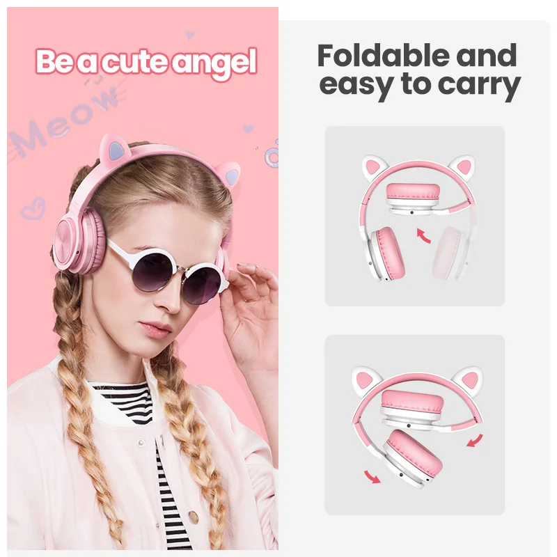 Kids Bluetooth5 0 Cute Cat Ear Headsets Wireless Hifi Headphones Stereo Noise Cancelling Headphones LED Luminous with Microphone