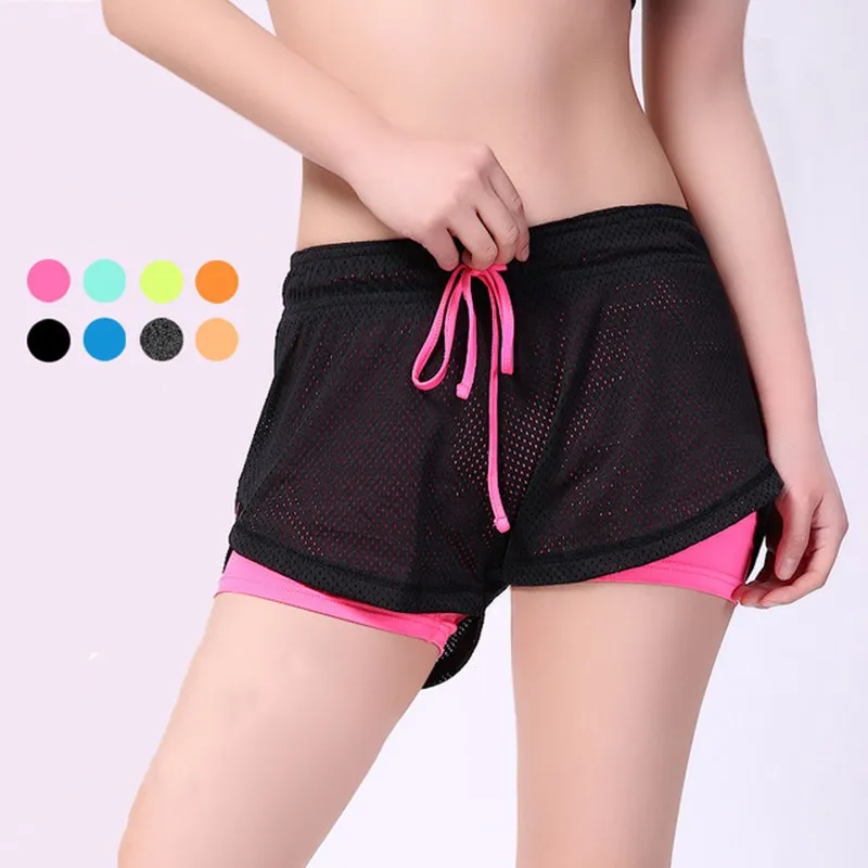 

Женские спортивные шорты, двухслойные свободные штаны для йоги, имитация двух предметов, для бега, фитнеса, тренировок, быстросохнущие спортивные штаны для отдыха