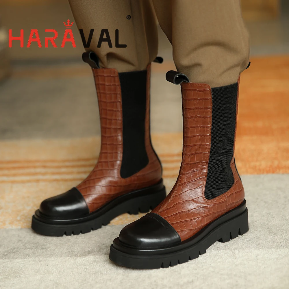 

HARAVAL Women's Winter Boots Genuine Leather 2020 New Trend Front Zipper Ladies Shoes Boots Low Heel Ankle Velvet WomenE260L