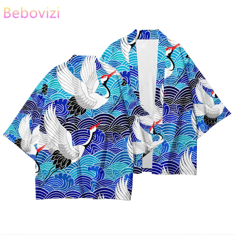 

Plus Size XXS-4XL Blue Harajuku Japanese Style Fashion Kimono 2020 Men and Women Cardigan Blouse Haori Obi Asian Clothes Samurai