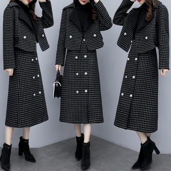 

Vintage Women Suit Set 2020 Autumn Winter Office Lady Clothing Plaid Houndstooth Slim Wool Blazer Short Jacket Coat Long Skirt