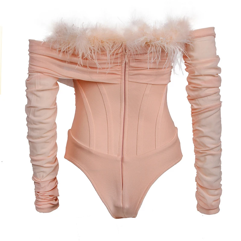 Women Sexy Pink Feather Off Shoulder Long Sleeve Bandage Bodysuits Winter 2021 New Women's Club Party Skinny Rompers Bodysuits crotchless bodysuit