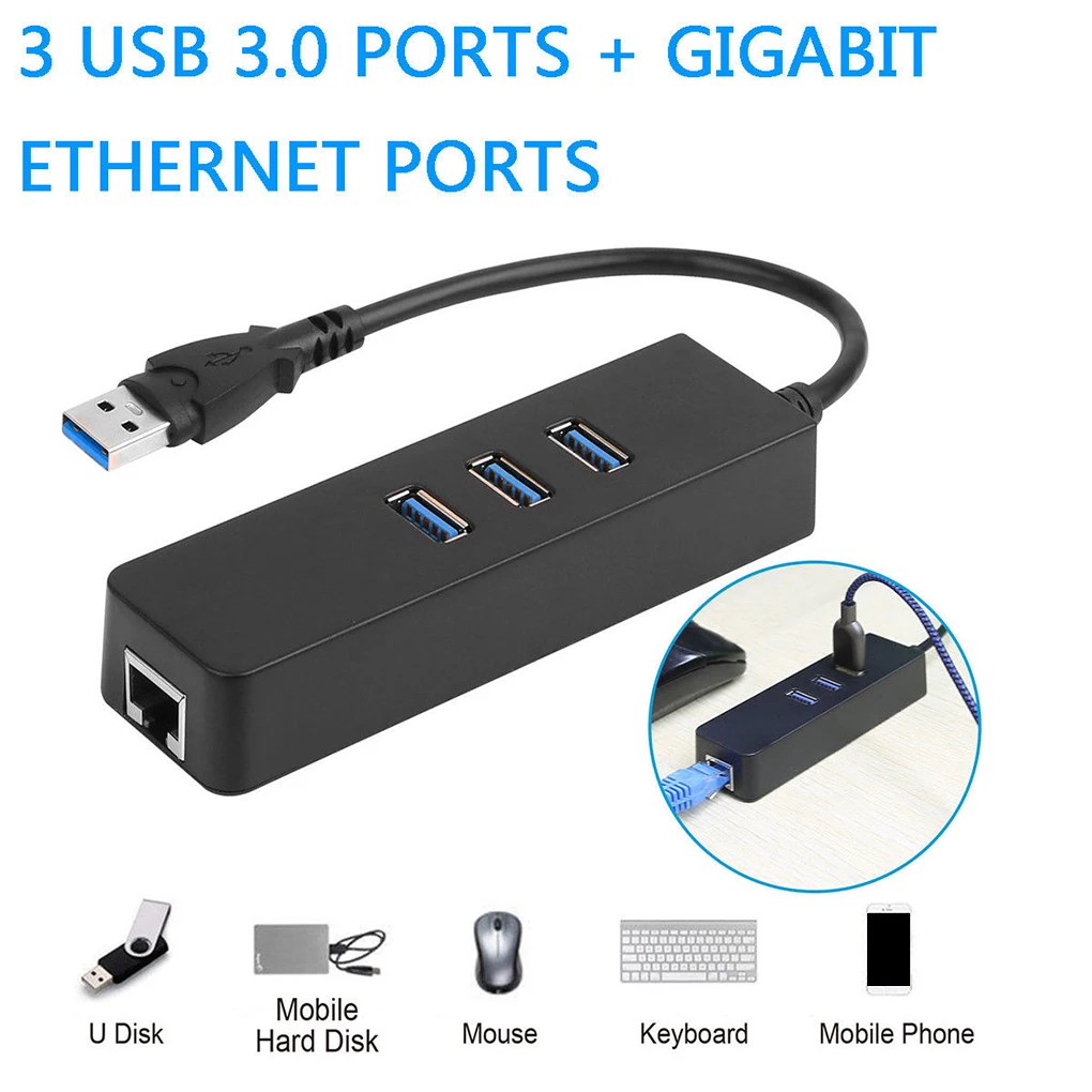 

Replacement for Macbook Mac Desktop USB Ethernet Adapter 3 Ports USB 3.0 Hub USB to Rj45 Lan Network Card