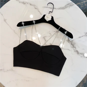 

2020 Summer Ssey Shirt Heavy Industry Crystal Diamond Strap Short Navel Black Camisole Top Ladies Night Club Style Sexy Tops