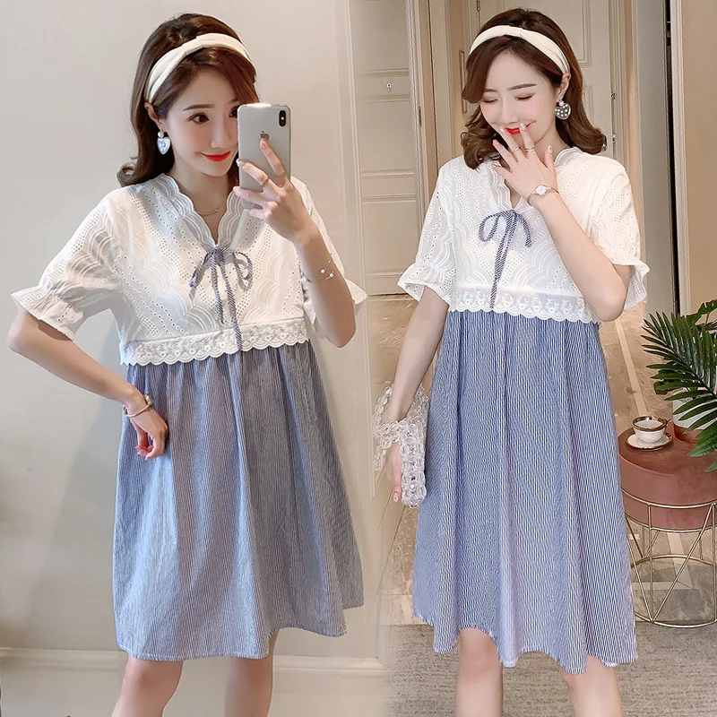 

Nursing Clothes 2019 Summer New Style Nursing Contrast Color Mid-length Feeding Dress