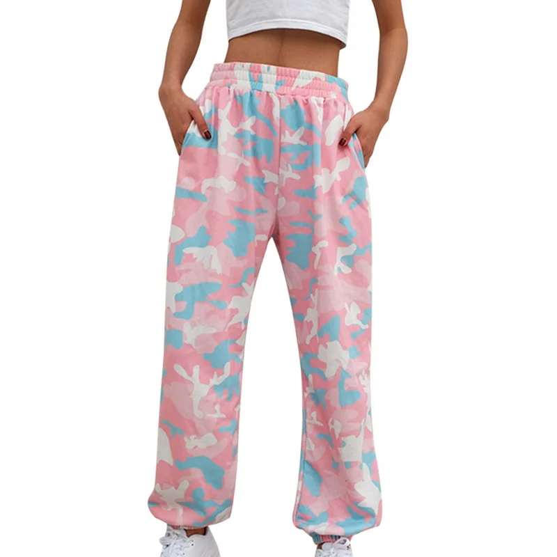 

WENYUJH 2019 Pink Camouflage Pants Womens Camo Cargo Pants High Waist Elastic Trousers Casual Baggy Joggers Print Pockets