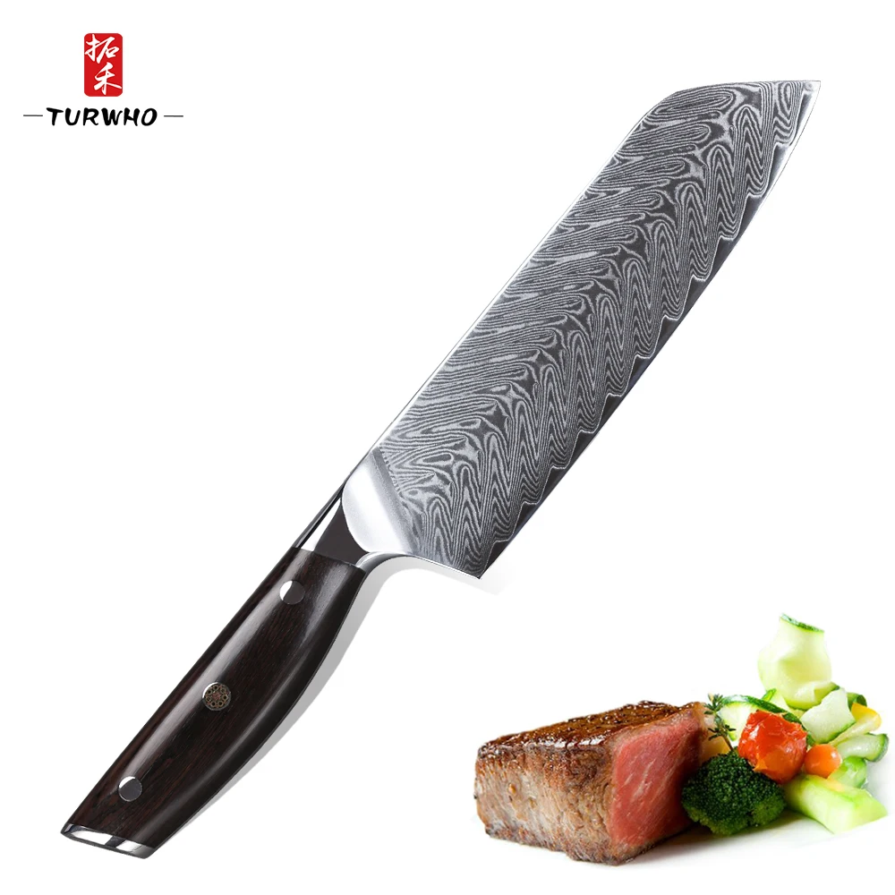 TURWHO 7 дюймов Santoku кухонные ножи 67 слоев дамасской стали шеф-повара нож дело с мясом овощи красный сандаловое дерево ручка