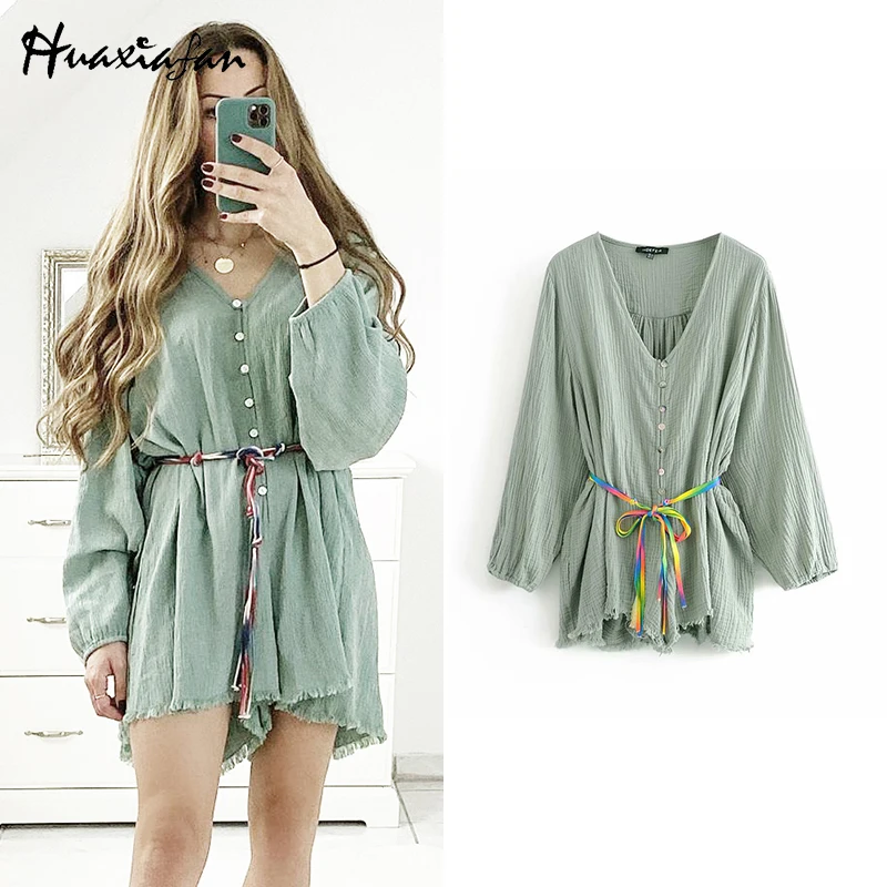 

Huaxiafan Jumpsuit Women V Neck Solid Color Breasted Loose Playsuits Ladies Raw edge Conjoined Shorts Chic Sashes Siamese Romper