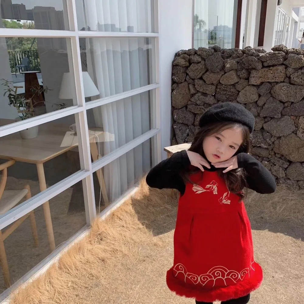 Рождественский костюм для девочек; Роскошные брендовые шерстяные платья с вышивкой рыбы; праздничная одежда с сумкой
