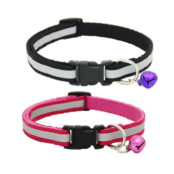 

2Pcs Adjustable Reflective Pet Collar Safety Release Buckle with Bell for Cat Dog - Pink & Black
