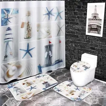 

Ocean Starfish Shell Bottle Waterproof Shower Curtain Pedestal Rug Lid Toilet Cover Mat Bathroom Curtains Set for Bathroom Decor