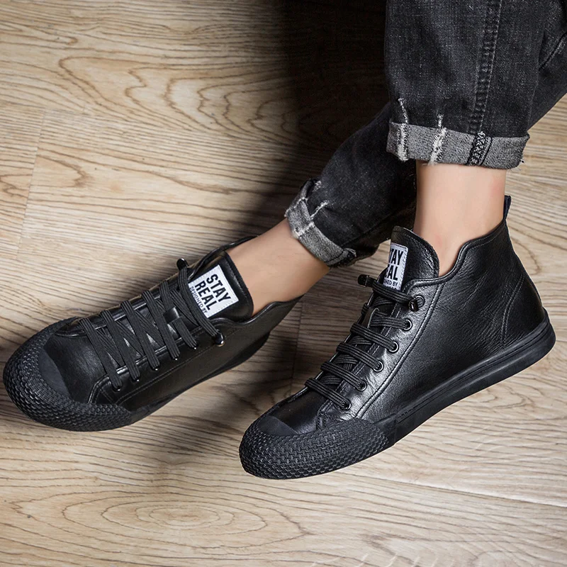 Autumn Winter Men Shoes High-Top Genuine Leather Outdoor Casual Shoes Sneakers Breathable Non-slip Walking Shoes White Simple