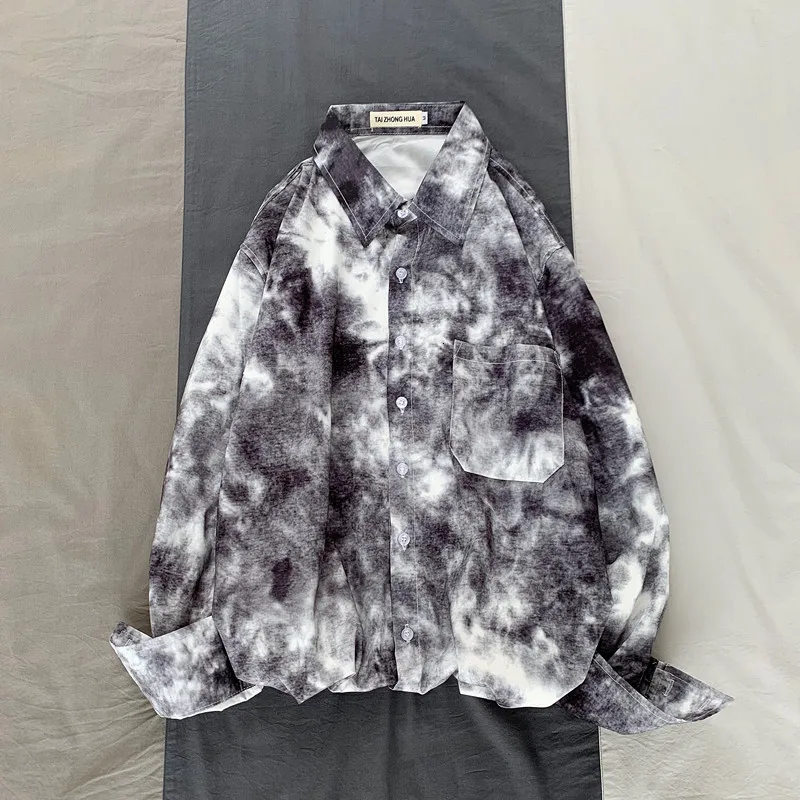 Camo рубашка Мужская модная повседневная рубашка с принтом Tie-dye Мужская Уличная Свободная рубашка с длинными рукавами Мужская s M-2XL - Цвет: black