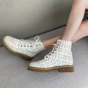 

LOVIRS Tweed Ankle Boots Pearl Decoration Black And White Round Toe Martin Boots For Women Elegant Women Shoes