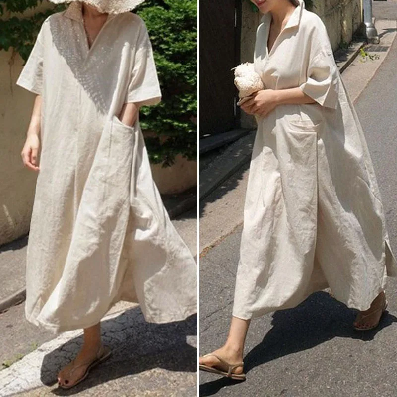 VONDA, женские хлопковые платья размера плюс, для вечеринки, Vestidos, повседневные, половина рукава, с отворотом, v-образный вырез, женское платье, 5XL, сарафан, Femme