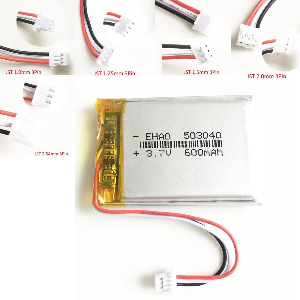 3,7 V 600mAh 503040 lipo полимерная литиевая аккумуляторная батарея JST 3pin разъем для MP3 gps DVD bluetooth-рекордер электронная книга камера