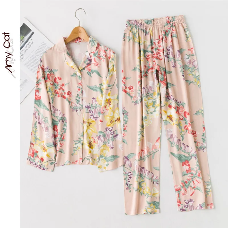 Autumn New Korean Ladies Satin Flower Printing Pajamas Women Long Sleeve Pants Casual Sleepwear Home Clothes Sexy Two Piece
