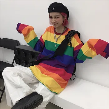 

Focal20 Streetwear Rainbow Stripe Women T Shirt Top Tee Cotton Crew Neck Women T Shirts Long Sleeve Women T-shirts Top Tees