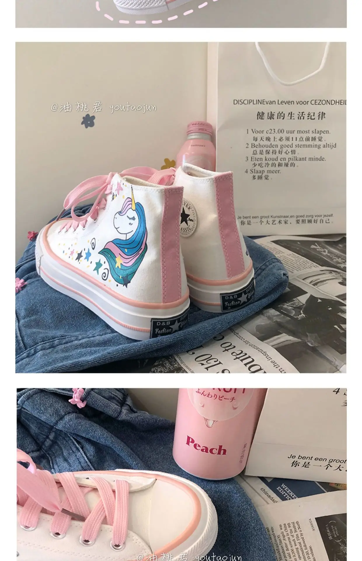 Женская Вулканизированная обувь с единорогом; парусиновая обувь с высоким берцем; обувь для девочек; розовые кроссовки в стиле Харадзюку; Тканевая обувь с ручной росписью