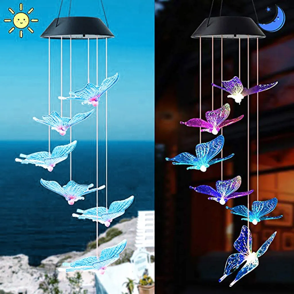 Wind Chimes Solar Powered LED Light Butterfly Colour Changing Hanging Decor 