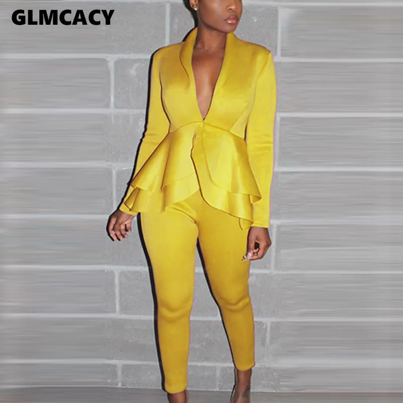 

Women Casual Deep V-neck Long Sleeve Women's Sets Autumn Office Lady Solid Pullover Top and Ankle-length Pants Two Pieces