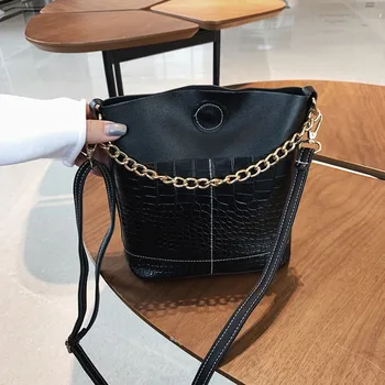 

Retro PU Leather Bucket Bags Women Pattern Handbag Large Capacity Casual Shoulder Messenger Bags Ladies Shopping Chain Purse