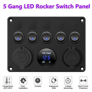 

5 Gang Rocker switch Panel Boat Marine Blue Breaker Voltmeter Trucks Multi-function
