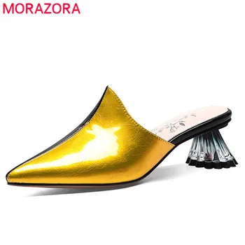 

MORAZORA 2020 mules shoes women pumps top quality genuine leather shoes pointed toe mixed colors strange heel party shoes woman