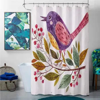 

Shower Curtains Roses Leaf,Watercolor Styled Effect A Cute Bird Sitting on a Branch with Leaves Print,Purple Fern Green,W69 x