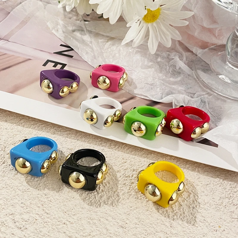 FAMSHIN Punk Ring Gold Color Bead Transparent Resin Acrylic Square Rings For Women Party Friends Gift Trendy Jewelry finger ring ring set