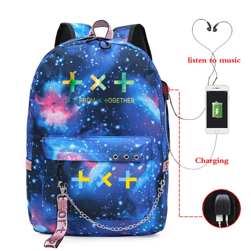 Mochila USB зарядный рюкзак для ноутбука женский Kpop TXT корейский школьные сумки