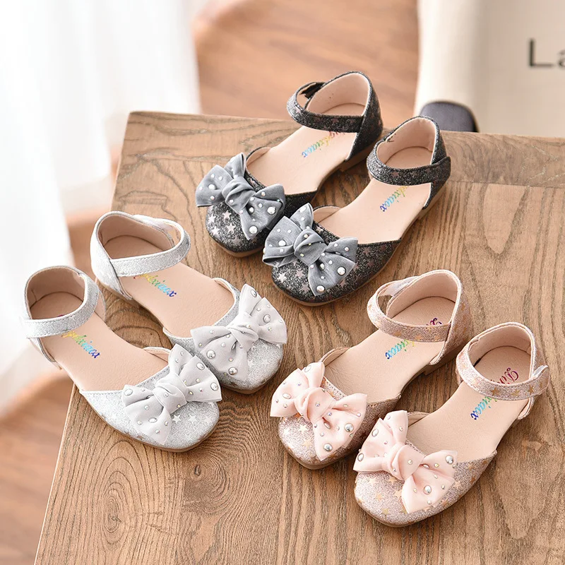 ULKNN Toddler Leather Sandals Bow-knot Rivets Shoes For Girls Princess Party Shoe For Dress Baby Infant Footwear Silver