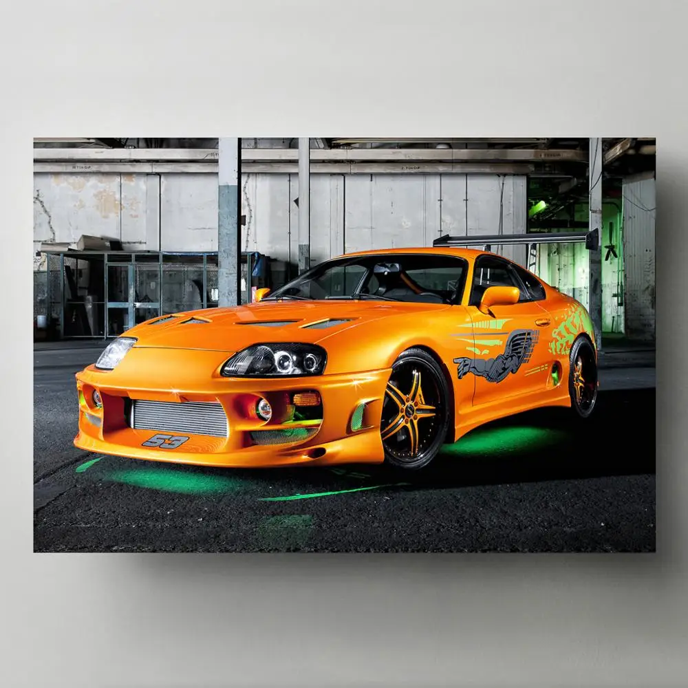 Плакаты Supercar для Toyota Supra с зелеными неоновыми огнями оранжевая картина