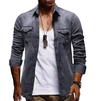 

Striped Denim Social Shirt Dress Cotton Long sleeve Jeans Shirts Men's Blouse Men Gray Blue New Arrival