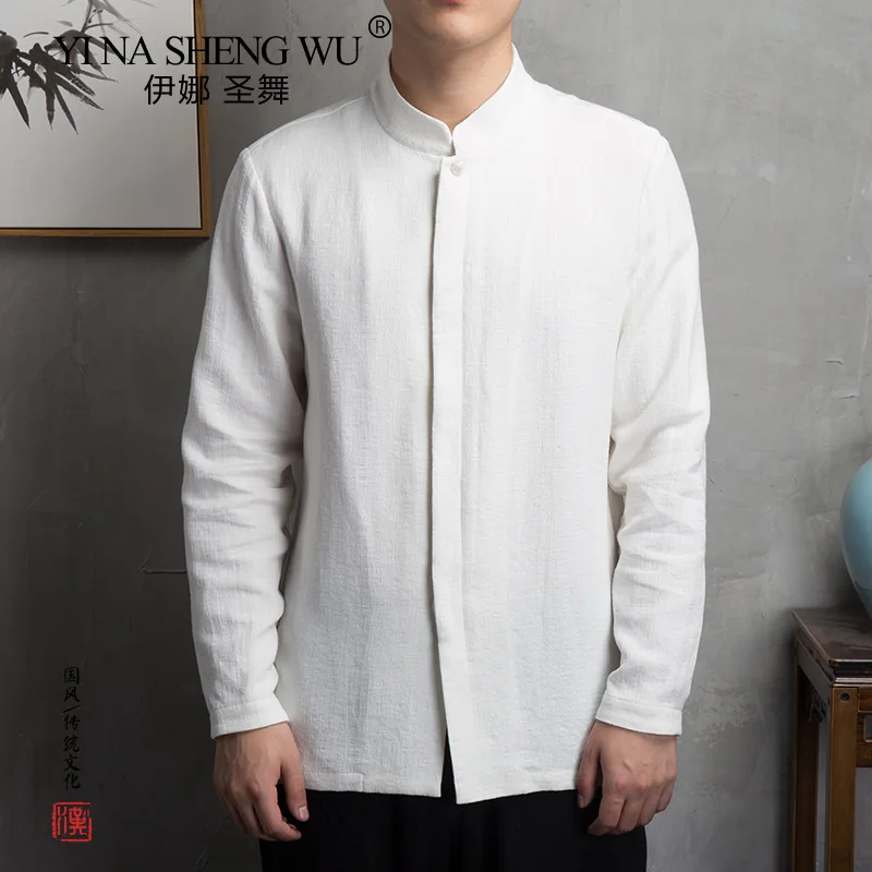 Mens Chinese Style Cotton Linen Long Sleeve Shirt Men Casual Clothing Retro Tang Suit Stand Up Collar Top Plus Size Clothes Male