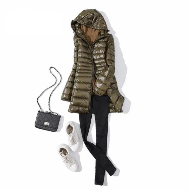 7XL зимний ультра легкий пуховик женская модная повседневная куртка на 90% белом утином пуху Плюс Размер Длинная Куртка с капюшоном водонепроницаемая парка - Цвет: Армейский зеленый